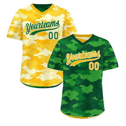 Custom Kelly Green Light Green Yellow Reversible Pullover Baseball Jersey Camo Stretch Fabric