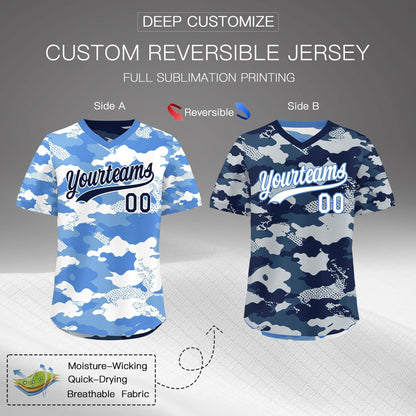Custom Powder Blue Midnight Blue Silver Reversible Pullover Baseball Jersey Camo Breathable