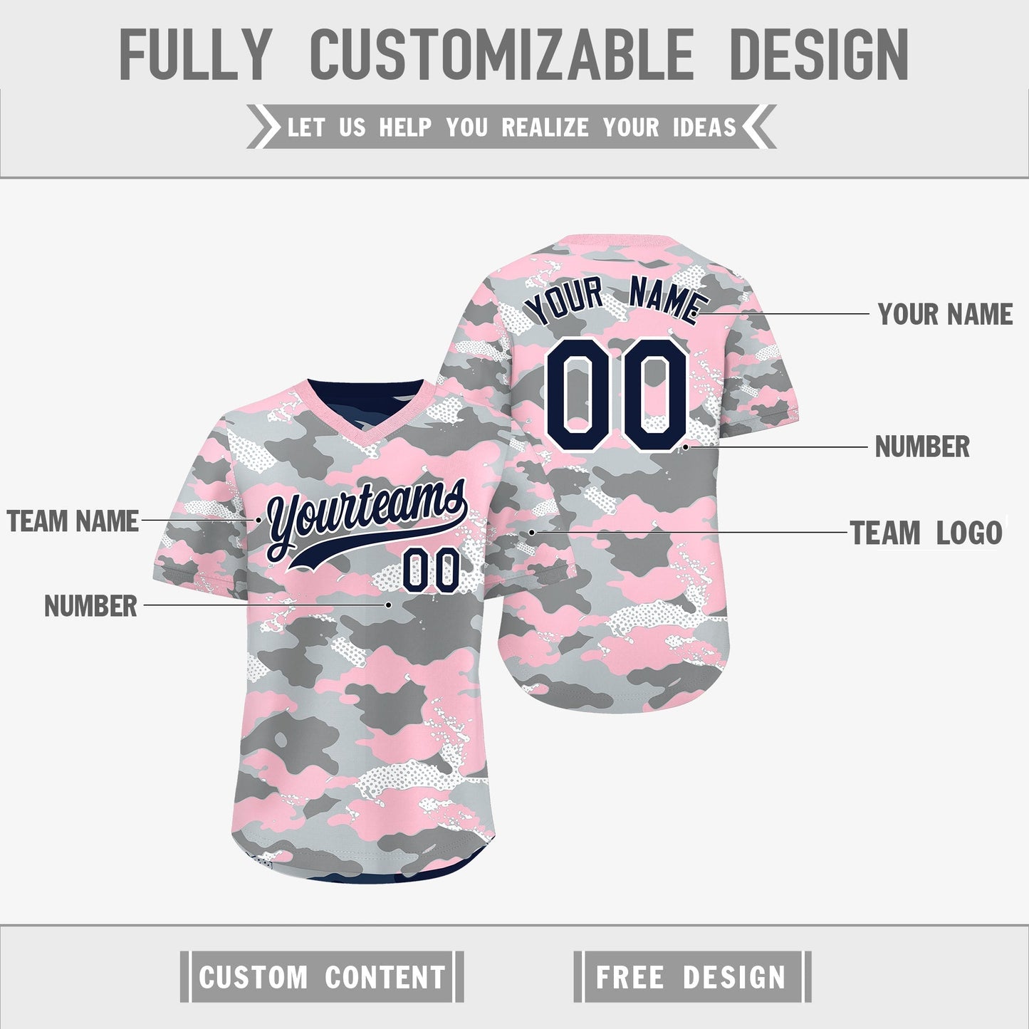 Custom Silver Gray Light Pink Reversible Pullover Baseball Jersey Camo Lightweight