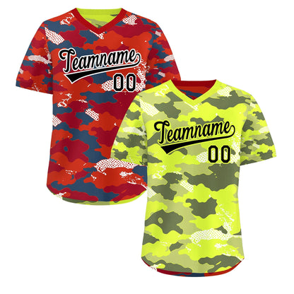 Custom Fluorescent Green Crimson Reversible Pullover Baseball Jersey Camo Stretch Fabric