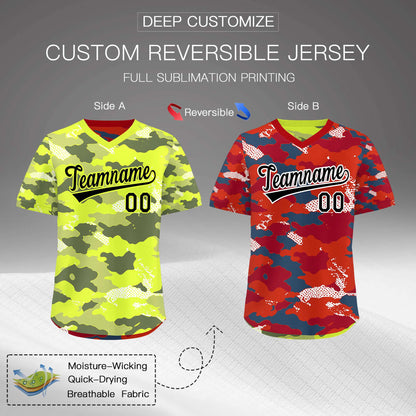Custom Fluorescent Green Crimson Reversible Pullover Baseball Jersey Camo Stretch Fabric