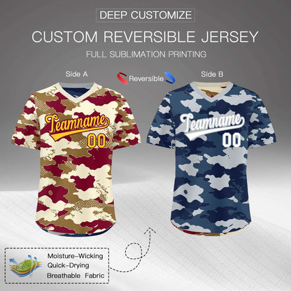 Custom Camel Cream Navy Reversible Pullover Baseball Jersey Camo Breathable