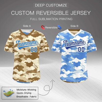Custom Camel Cream Powder Blue Reversible Pullover Baseball Jersey Camo Lightweight