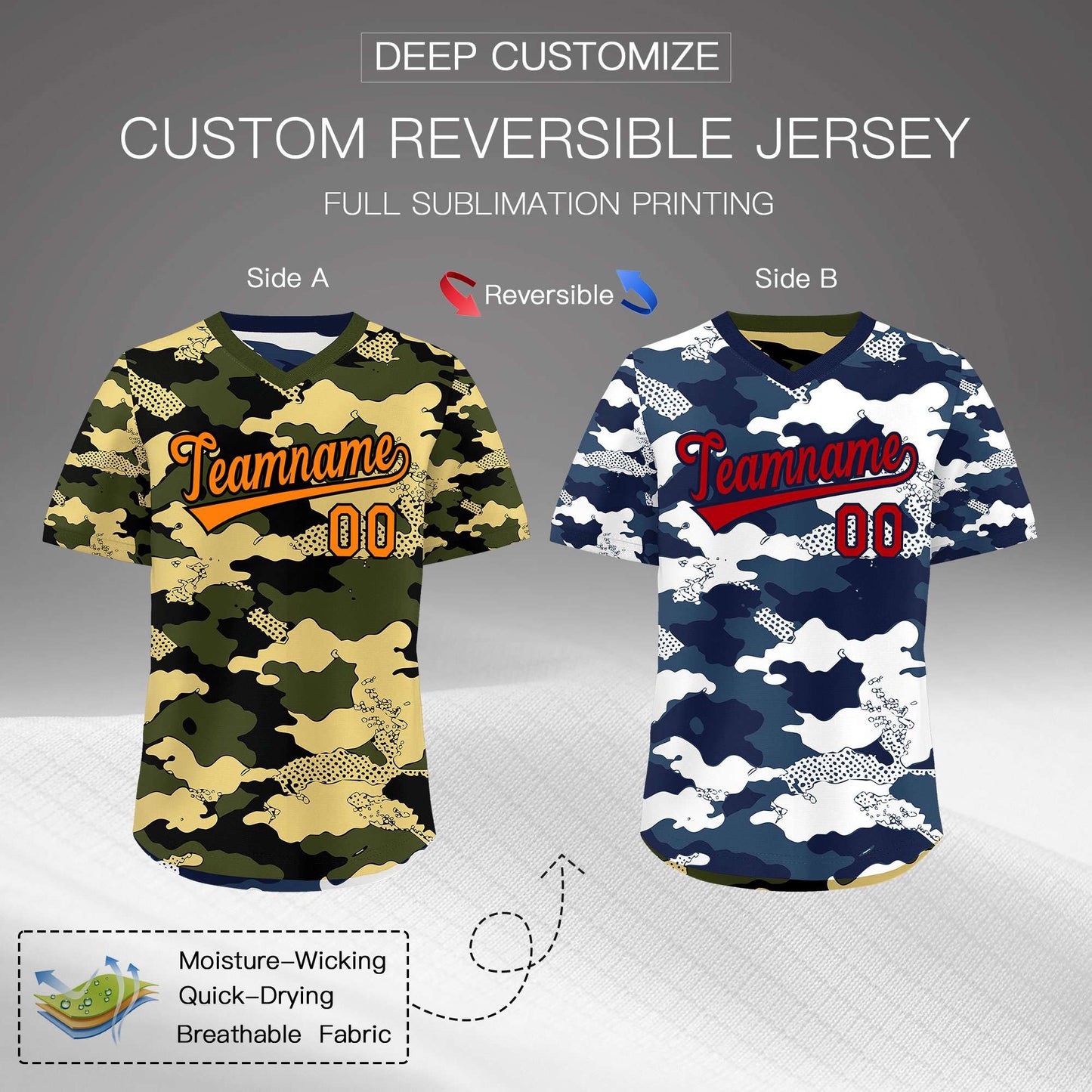 Custom Olive Khaki Midnight Blue Reversible Pullover Baseball Jersey Camo Stretch Fabric