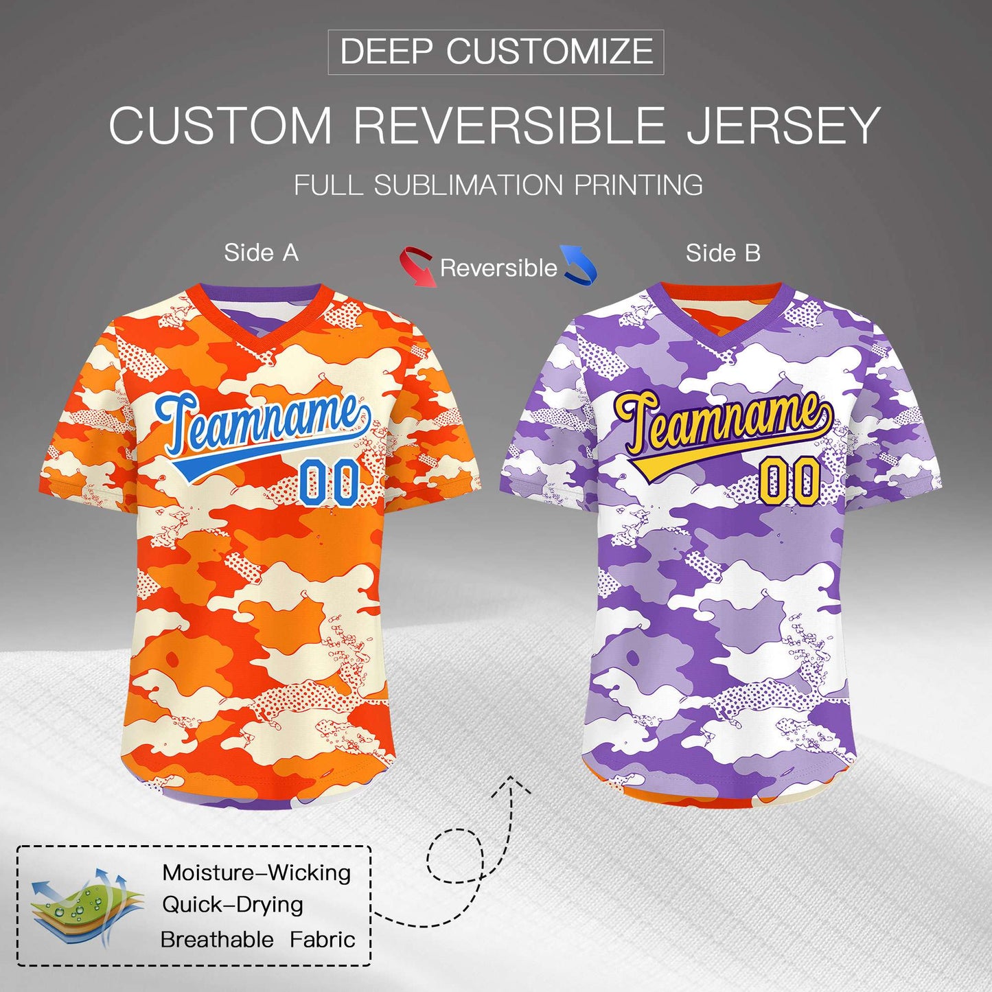 Custom Orange Purple Reversible Pullover Baseball Jersey Camo Breathable