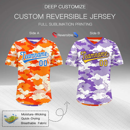 Custom Orange Purple Reversible Pullover Baseball Jersey Camo Breathable