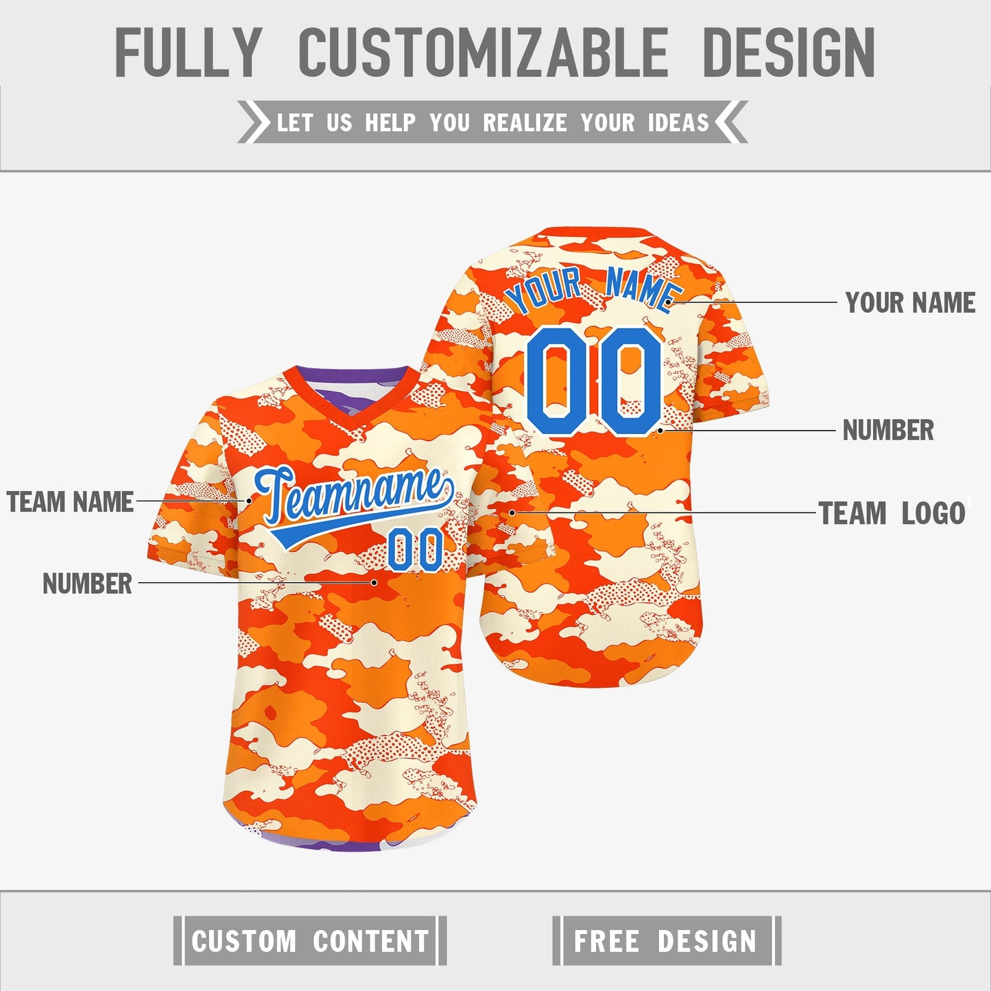 Custom Orange Purple Reversible Pullover Baseball Jersey Camo Breathable