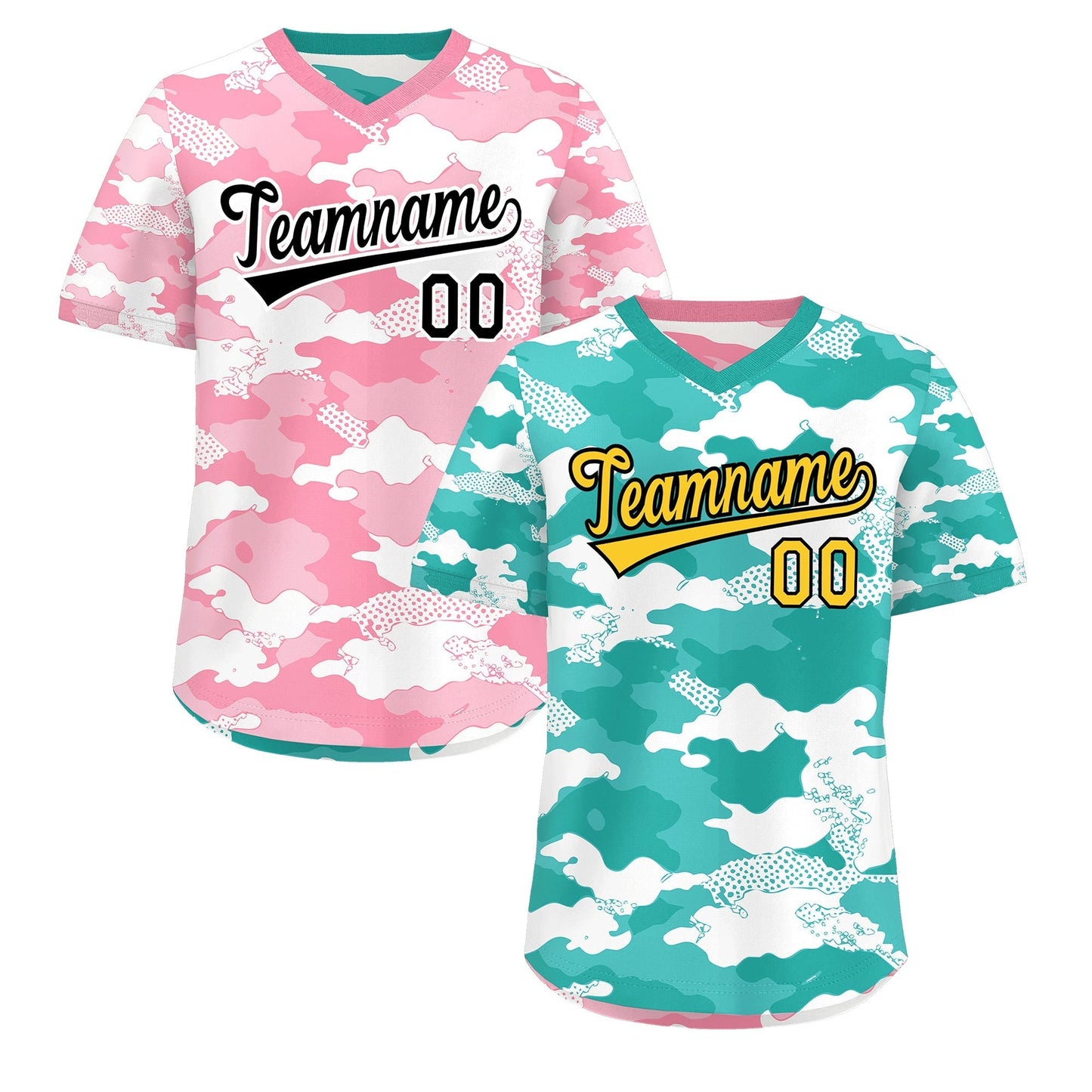 Custom Teal Aqua Light Pink Reversible Pullover Baseball Jersey Camo Stretch Fabric