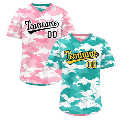 Custom Teal Aqua Light Pink Reversible Pullover Baseball Jersey Camo Stretch Fabric