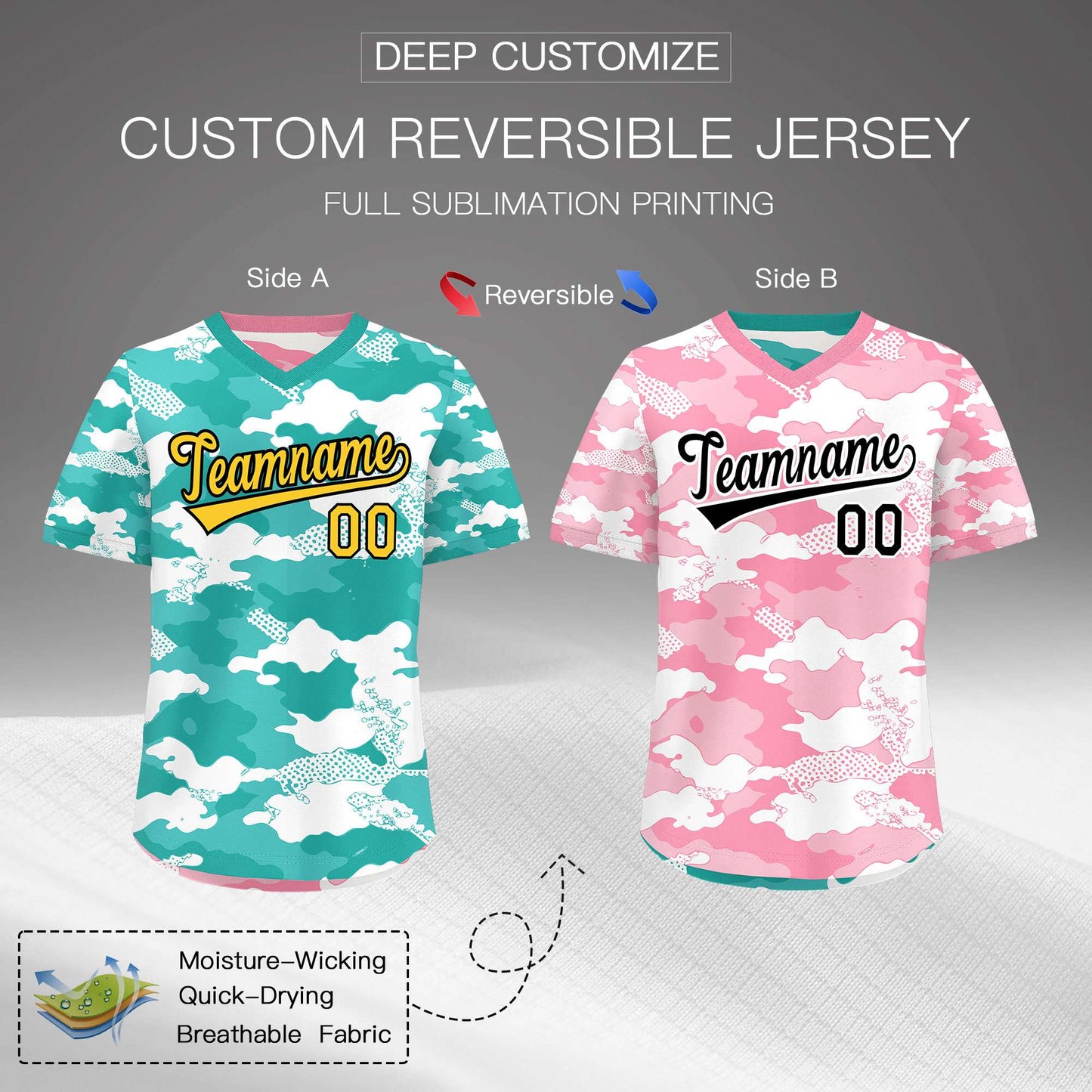 Custom Teal Aqua Light Pink Reversible Pullover Baseball Jersey Camo Stretch Fabric