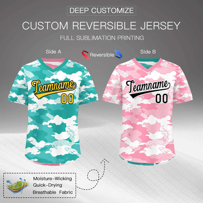 Custom Teal Aqua Light Pink Reversible Pullover Baseball Jersey Camo Stretch Fabric