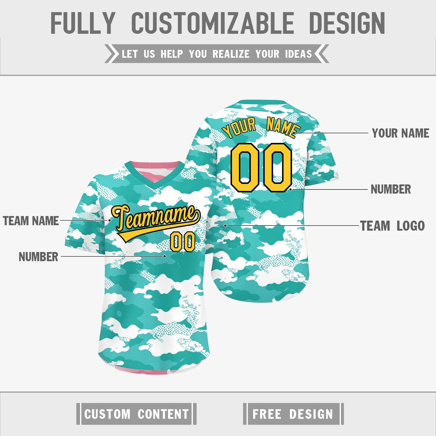Custom Teal Aqua Light Pink Reversible Pullover Baseball Jersey Camo Stretch Fabric