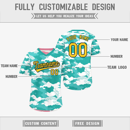Custom Teal Aqua Light Pink Reversible Pullover Baseball Jersey Camo Stretch Fabric