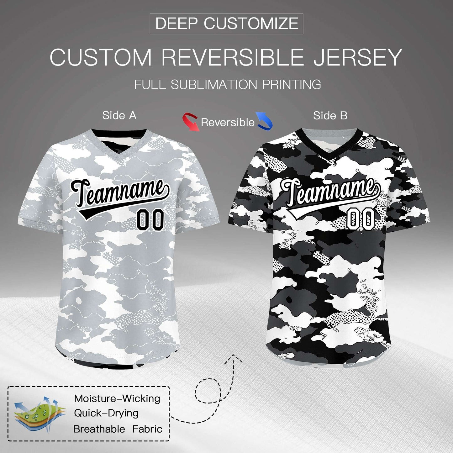 Custom White Black Reversible Pullover Baseball Jersey Camo Breathable