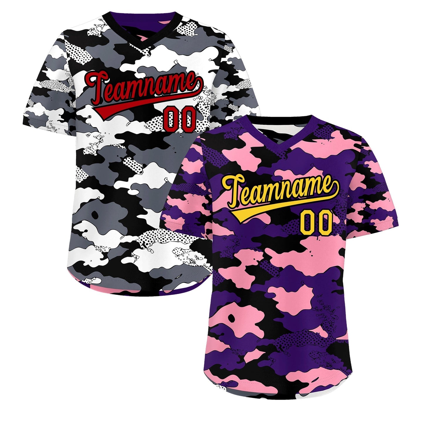Custom Purple Light Pink White Reversible Pullover Baseball Jersey Camo Stretch Fabric