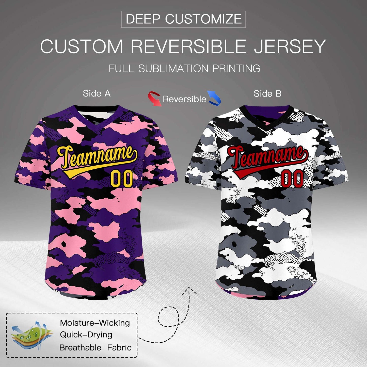 Custom Purple Light Pink White Reversible Pullover Baseball Jersey Camo Stretch Fabric
