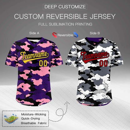 Custom Purple Light Pink White Reversible Pullover Baseball Jersey Camo Stretch Fabric