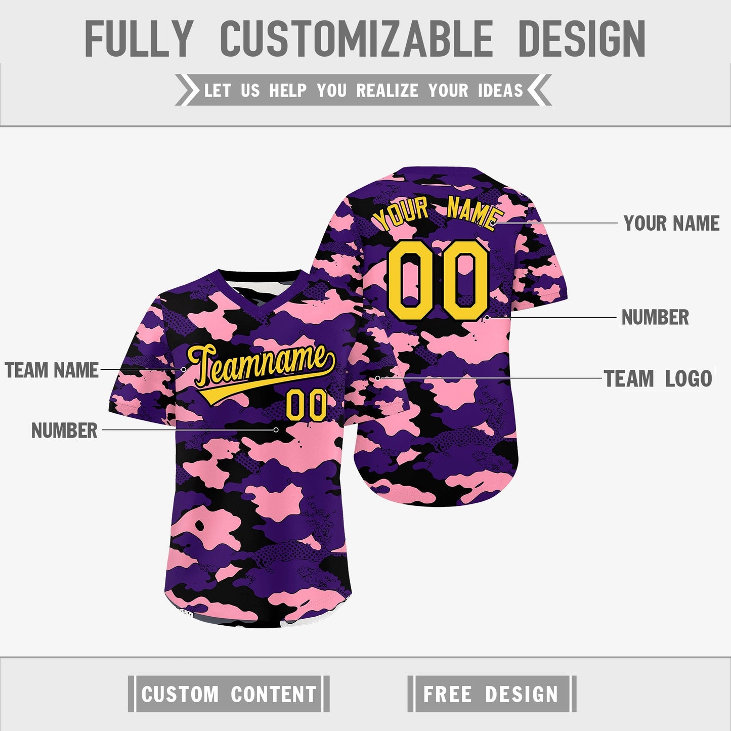 Custom Purple Light Pink White Reversible Pullover Baseball Jersey Camo Stretch Fabric
