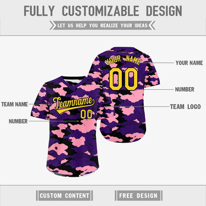 Custom Purple Light Pink White Reversible Pullover Baseball Jersey Camo Stretch Fabric