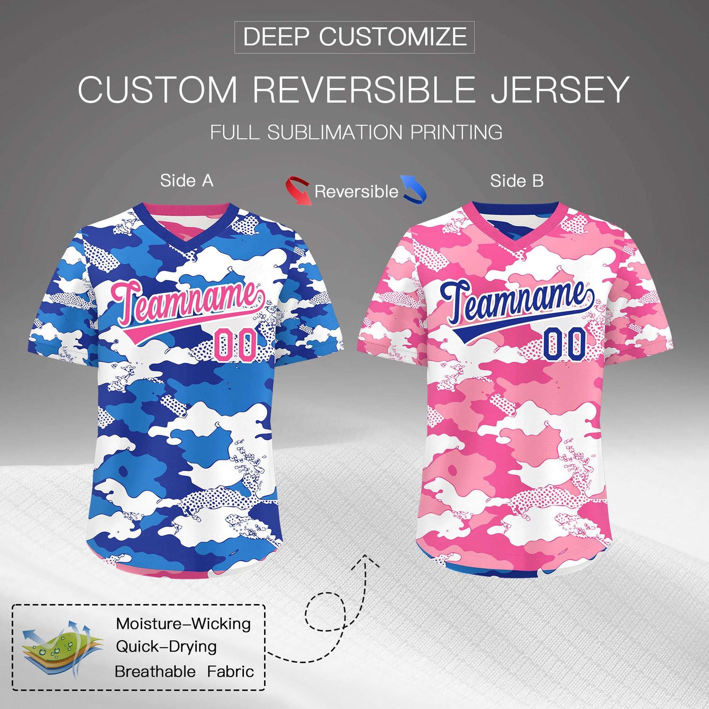 Custom Royal Blue Pink White Reversible Pullover Baseball Jersey Camo Breathable
