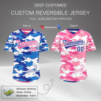 Custom Royal Blue Pink White Reversible Pullover Baseball Jersey Camo Breathable