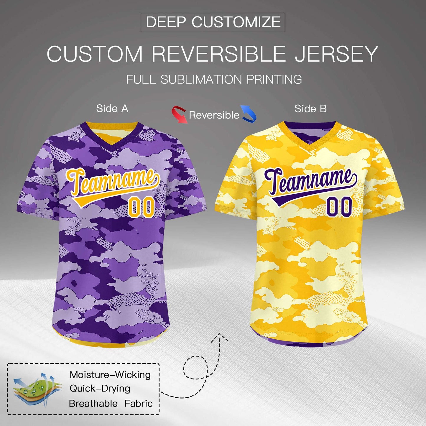Custom Light Purple Yellow Cream Reversible Pullover Baseball Jersey Camo Lightweight