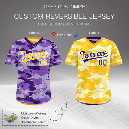 Custom Light Purple Yellow Cream Reversible Pullover Baseball Jersey Camo Lightweight