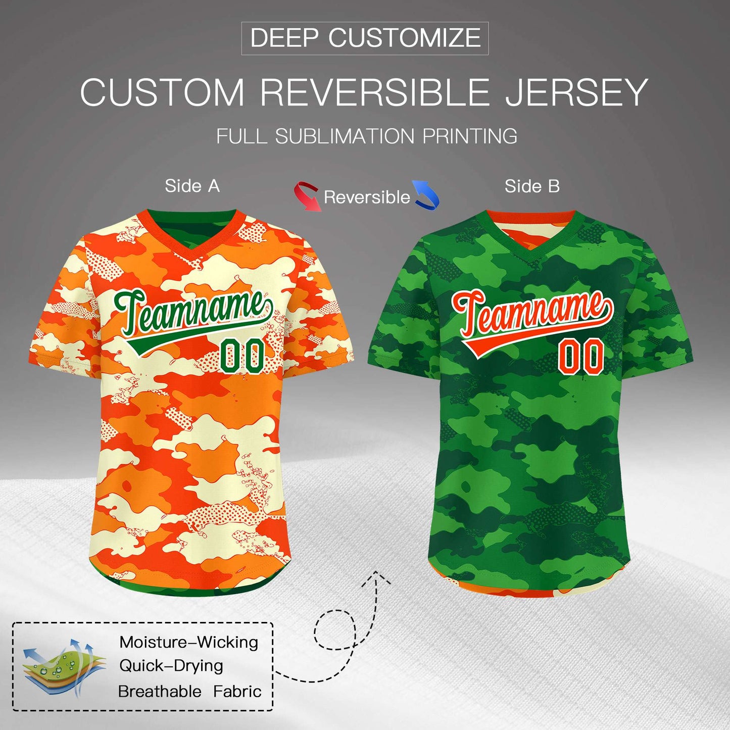 Custom Orange Dark Green Kelly Green Reversible Pullover Baseball Jersey Camo Stretch Fabric