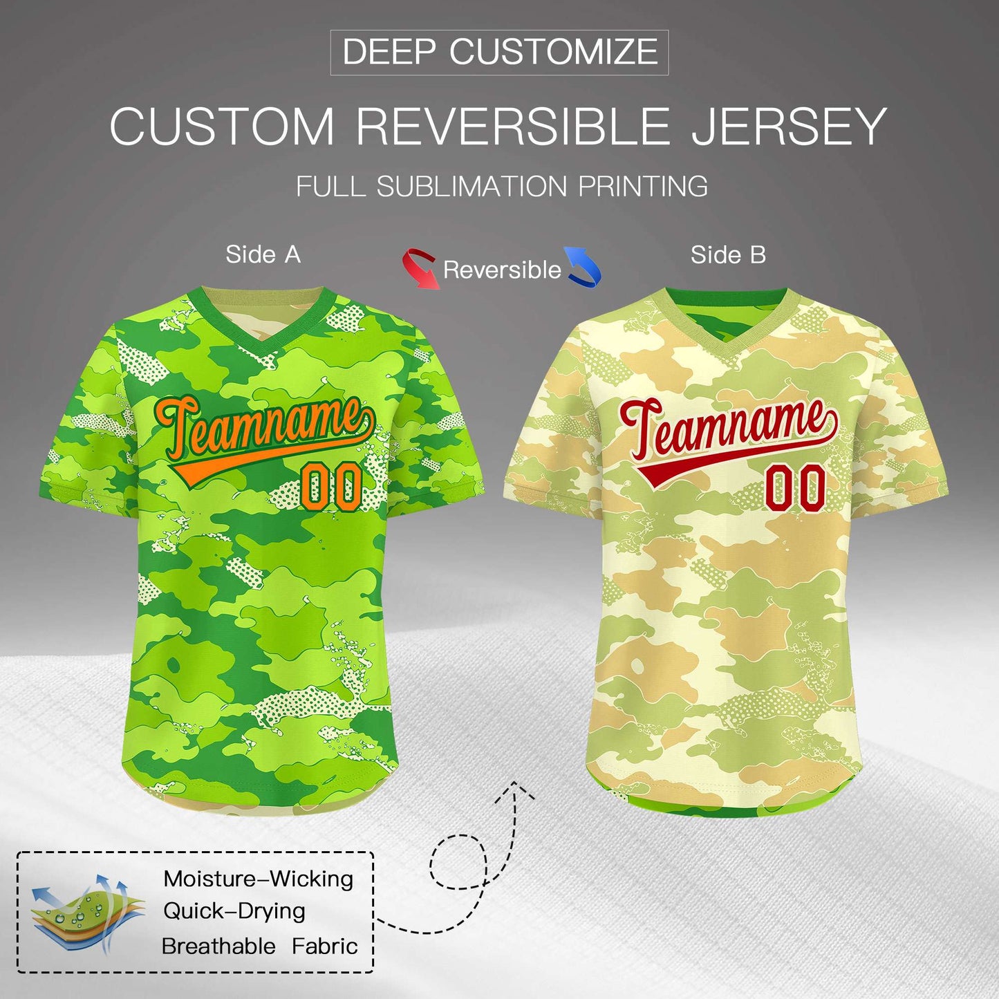 Custom Neon Green Cream Khaki Reversible Pullover Baseball Jersey Camo Breathable