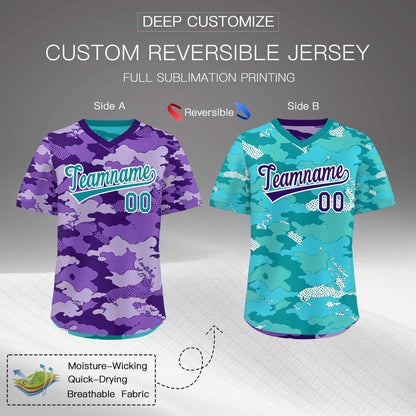 Custom Purple Light Purple Bright Green Reversible Pullover Baseball Jersey Camo Lightweight