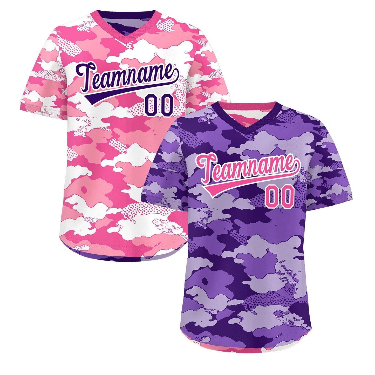 Custom Purple Pink White Reversible Pullover Baseball Jersey Camo Stretch Fabric