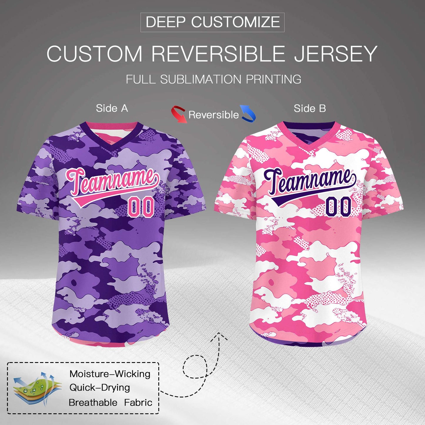 Custom Purple Pink White Reversible Pullover Baseball Jersey Camo Stretch Fabric