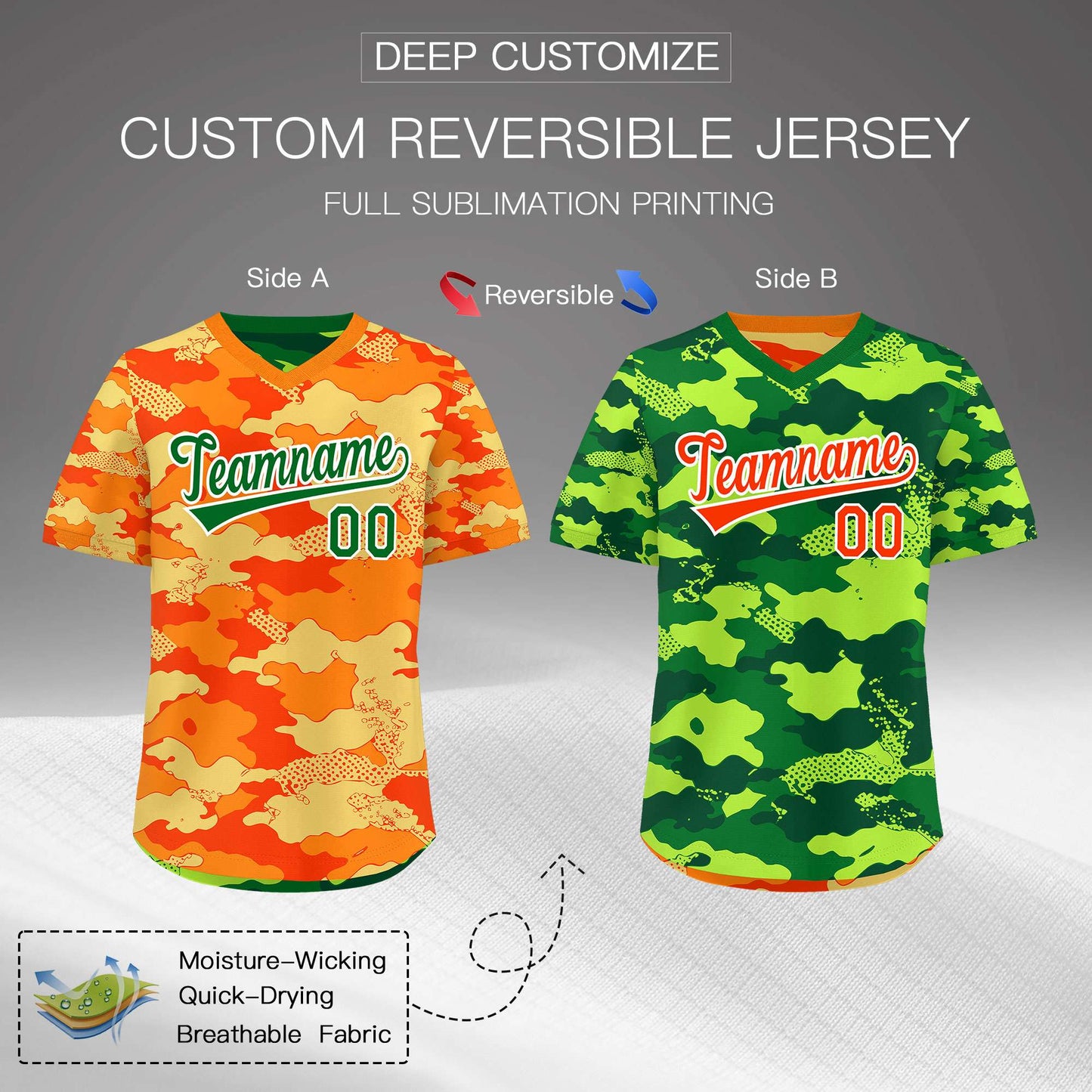 Custom Orange Dark Green Kelly Green Reversible Pullover Baseball Jersey Camo Breathable