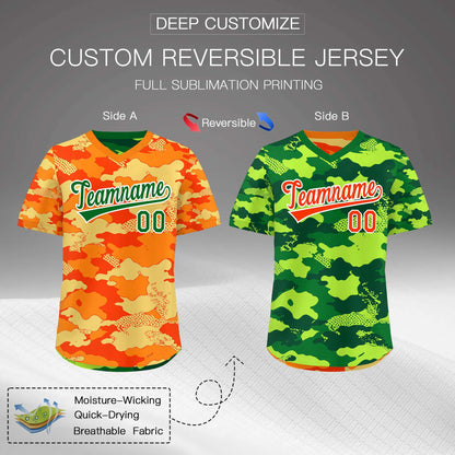 Custom Orange Dark Green Kelly Green Reversible Pullover Baseball Jersey Camo Breathable