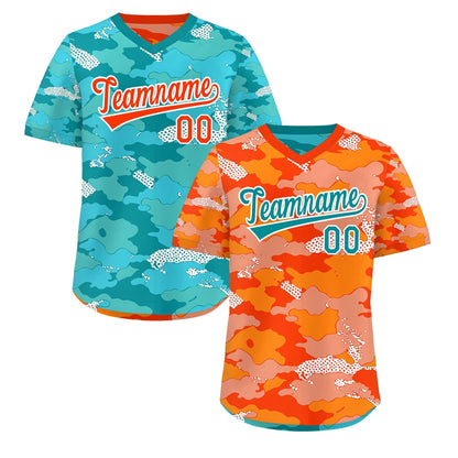 Custom Orange Light Orange Teal Reversible Pullover Baseball Jersey Camo Stretch Fabric