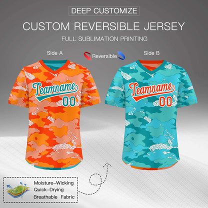Custom Orange Light Orange Teal Reversible Pullover Baseball Jersey Camo Stretch Fabric