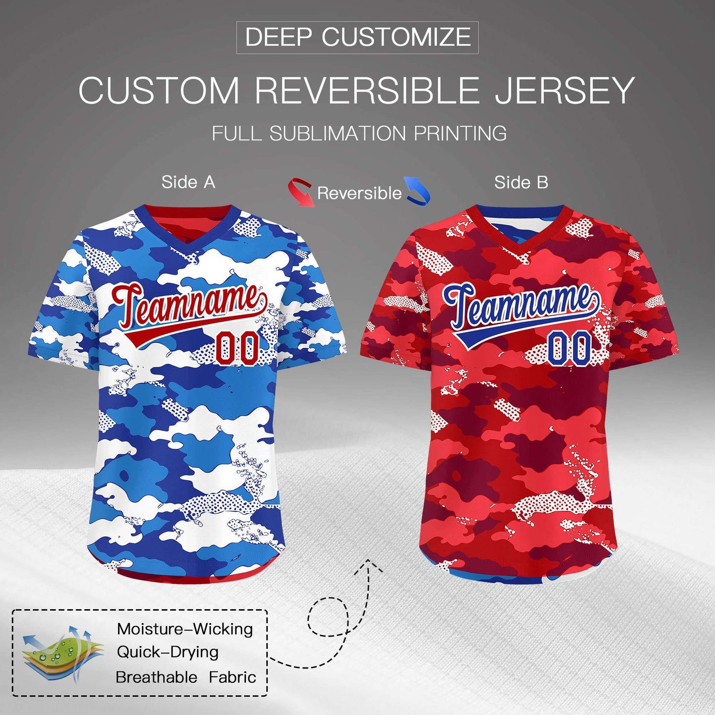Custom Royal Royal Blue Red Reversible Pullover Baseball Jersey Camo Breathable