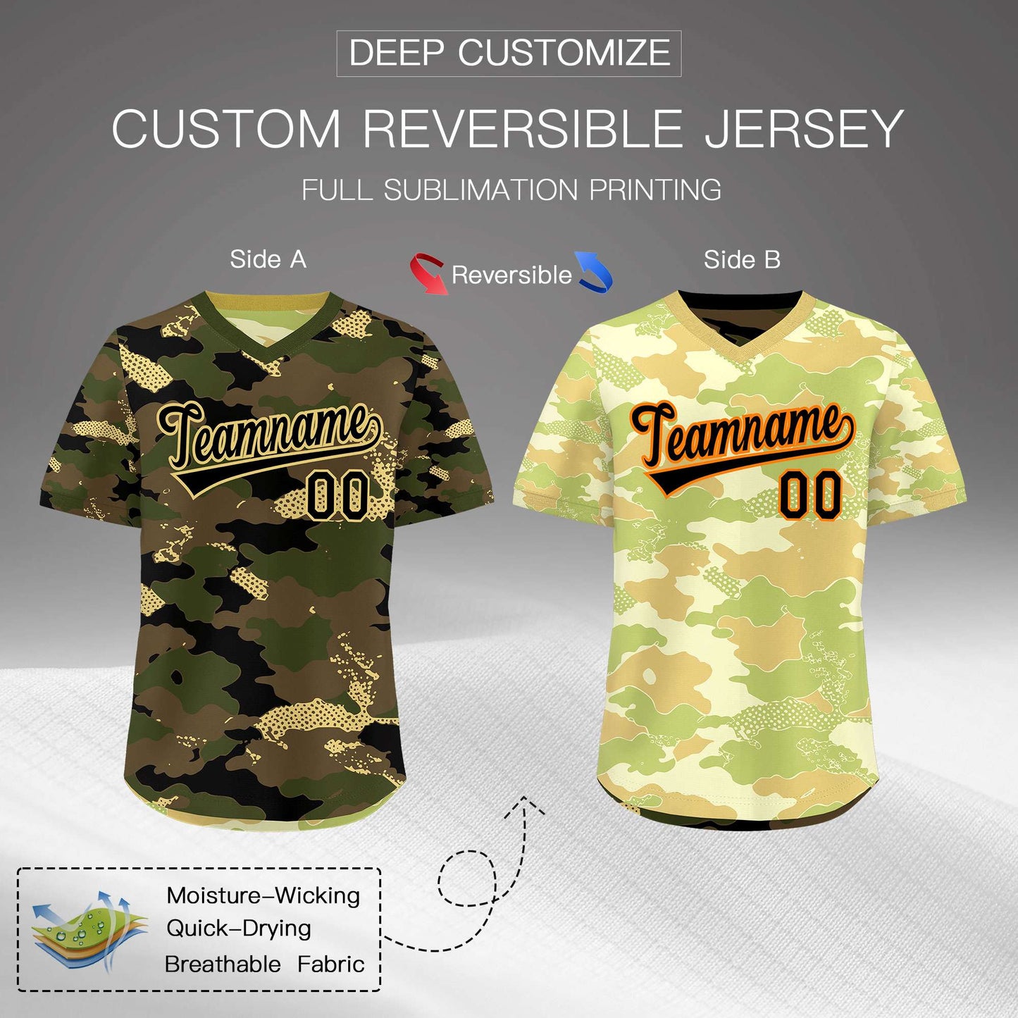 Custom Olive Light Brown Khaki Reversible Pullover Baseball Jersey Camo Lightweight