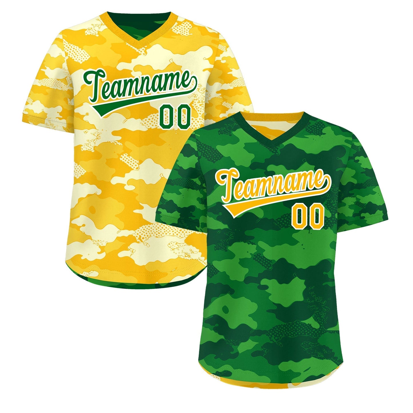 Custom Kelly Green Light Green Yellow Reversible Pullover Baseball Jersey Camo Stretch Fabric