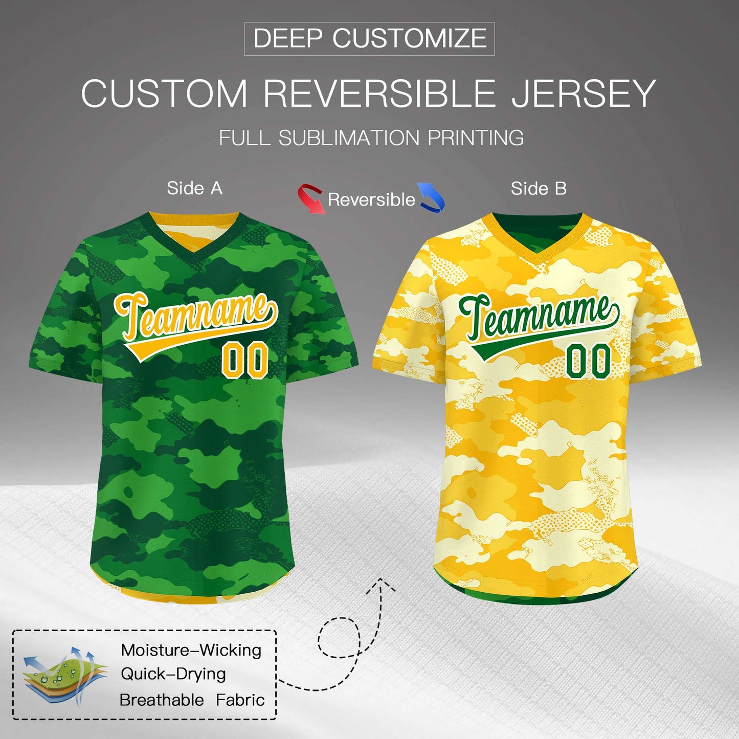 Custom Kelly Green Light Green Yellow Reversible Pullover Baseball Jersey Camo Stretch Fabric