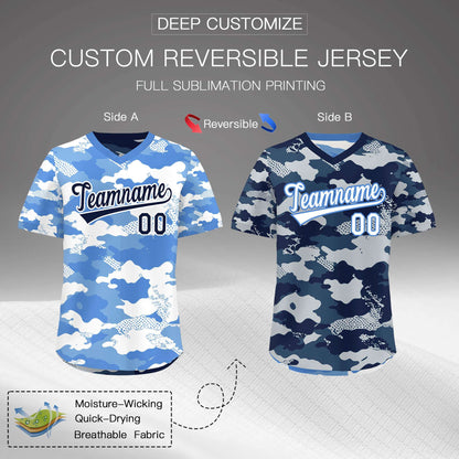 Custom Powder Blue Midnight Blue Silver Reversible Pullover Baseball Jersey Camo Breathable