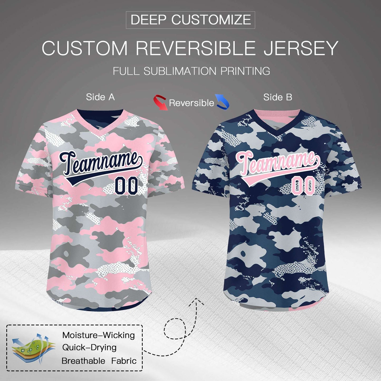 Custom Silver Gray Light Pink Reversible Pullover Baseball Jersey Camo Lightweight