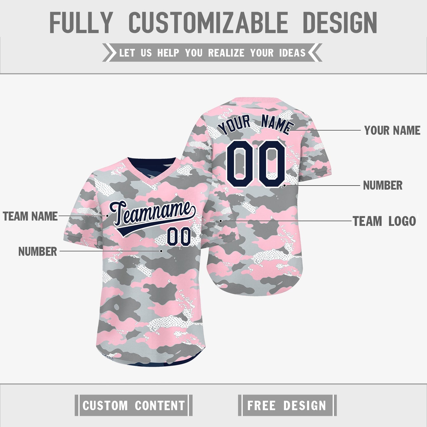 Custom Silver Gray Light Pink Reversible Pullover Baseball Jersey Camo Lightweight