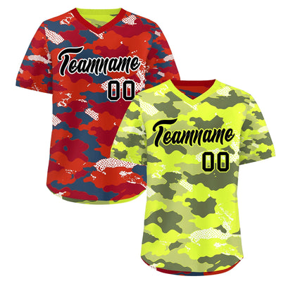 Custom Fluorescent Green Crimson Reversible Pullover Baseball Jersey Camo Stretch Fabric