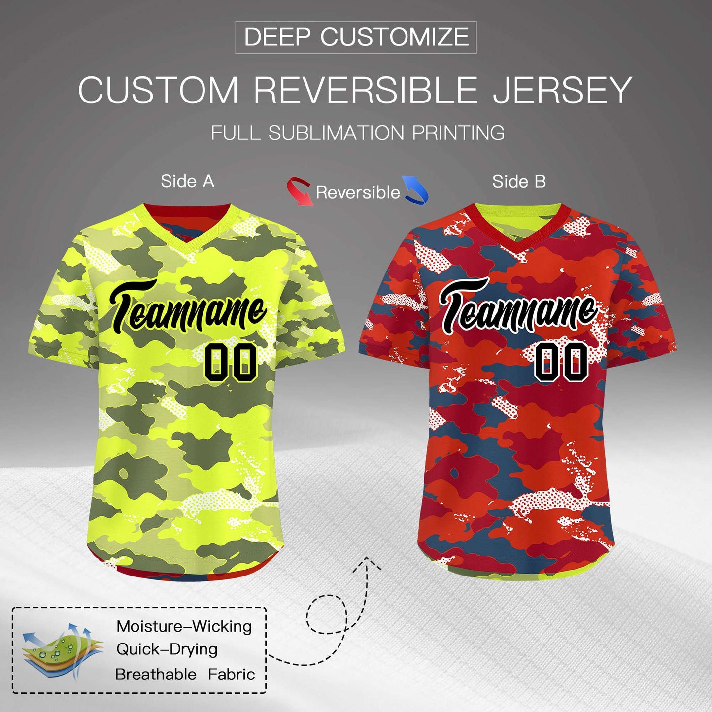 Custom Fluorescent Green Crimson Reversible Pullover Baseball Jersey Camo Stretch Fabric