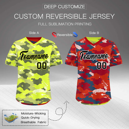 Custom Fluorescent Green Crimson Reversible Pullover Baseball Jersey Camo Stretch Fabric