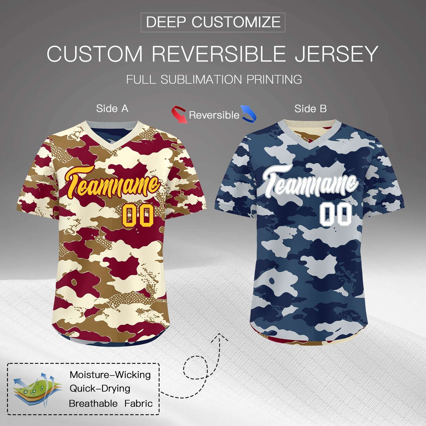 Custom Camel Cream Navy Reversible Pullover Baseball Jersey Camo Breathable