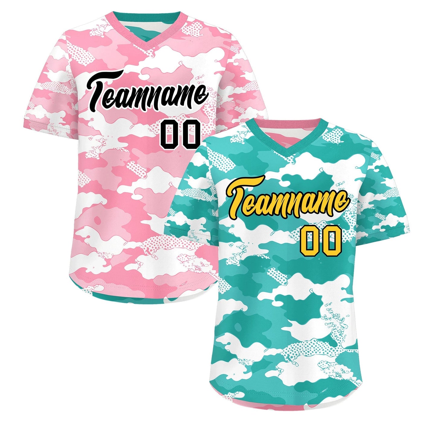 Custom Teal Aqua Light Pink Reversible Pullover Baseball Jersey Camo Stretch Fabric