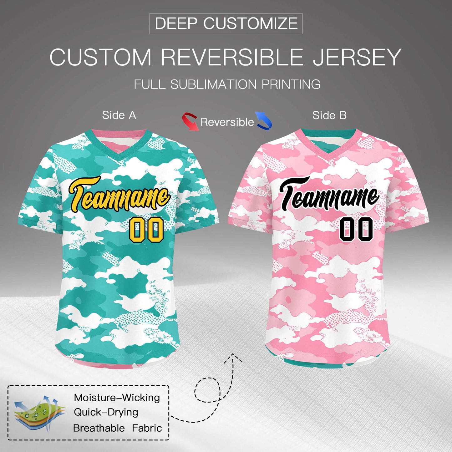 Custom Teal Aqua Light Pink Reversible Pullover Baseball Jersey Camo Stretch Fabric