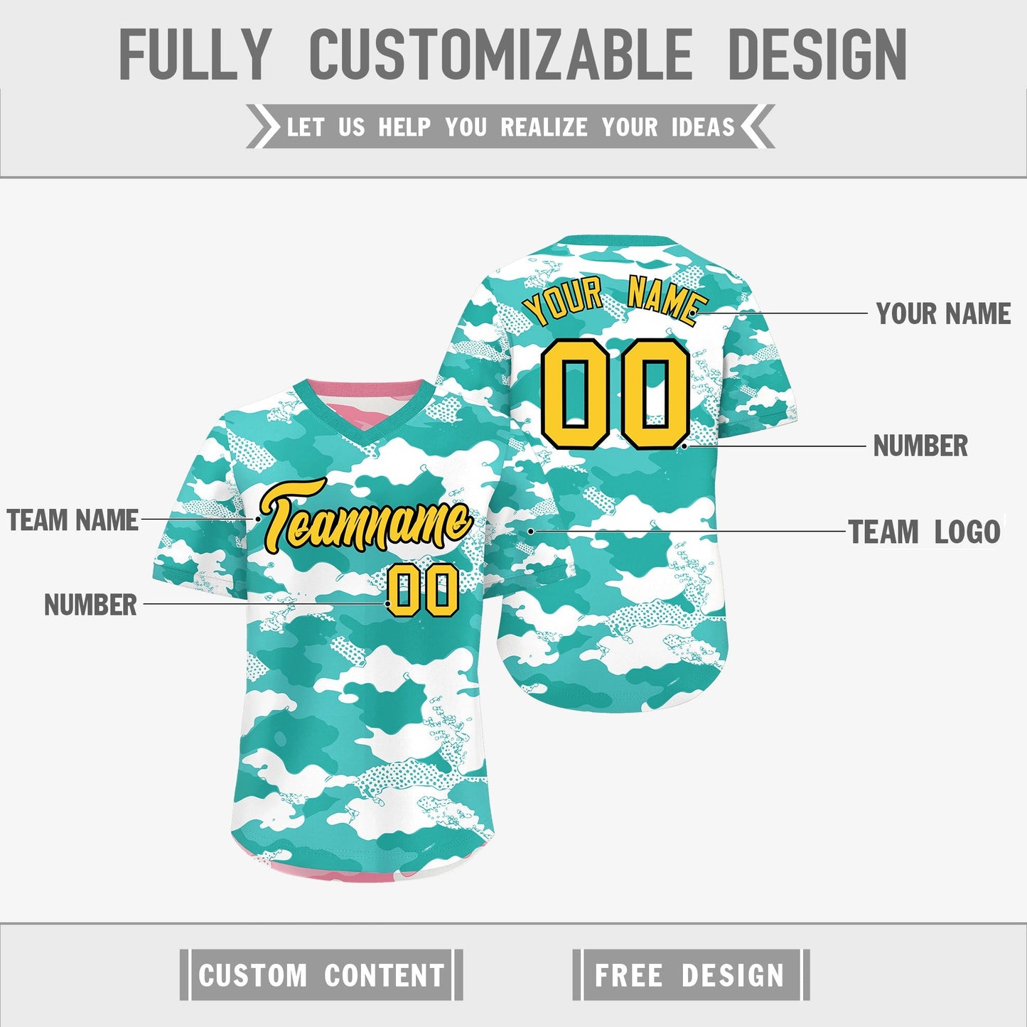 Custom Teal Aqua Light Pink Reversible Pullover Baseball Jersey Camo Stretch Fabric